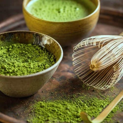 Matcha green tea powder with matcha whisk (Chasen) and matcha scoop (Chashaku)