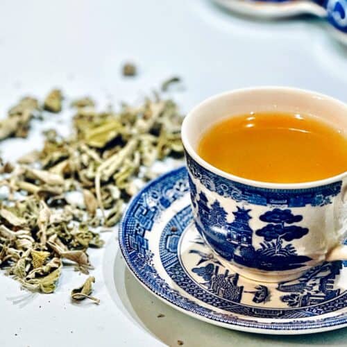 Sage tea brewed in blue and white cup with dry sage next to it
